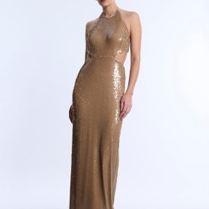 Sequin Cutout Halter Gown